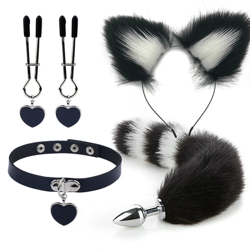 Conjunto de Brinquedos Eróticos com Plug Anal e Acessórios de Fantasia de Raposa