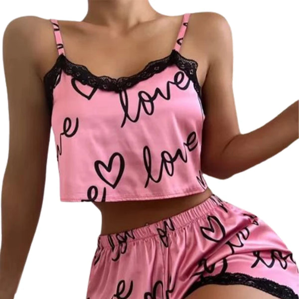 Short doll - Conjunto de 2 peças de pijama feminino, shorts, roupa íntima estampada, pijama, lingerie sexy, camisolas, regatas, camisola, roupa de dormir feminina