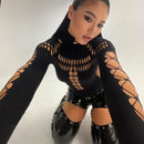 Body sexy com mangas compridas e gola alta estilo gótico