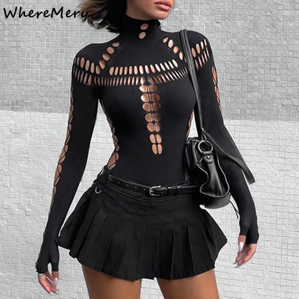 Body sexy com mangas compridas e gola alta estilo gótico
