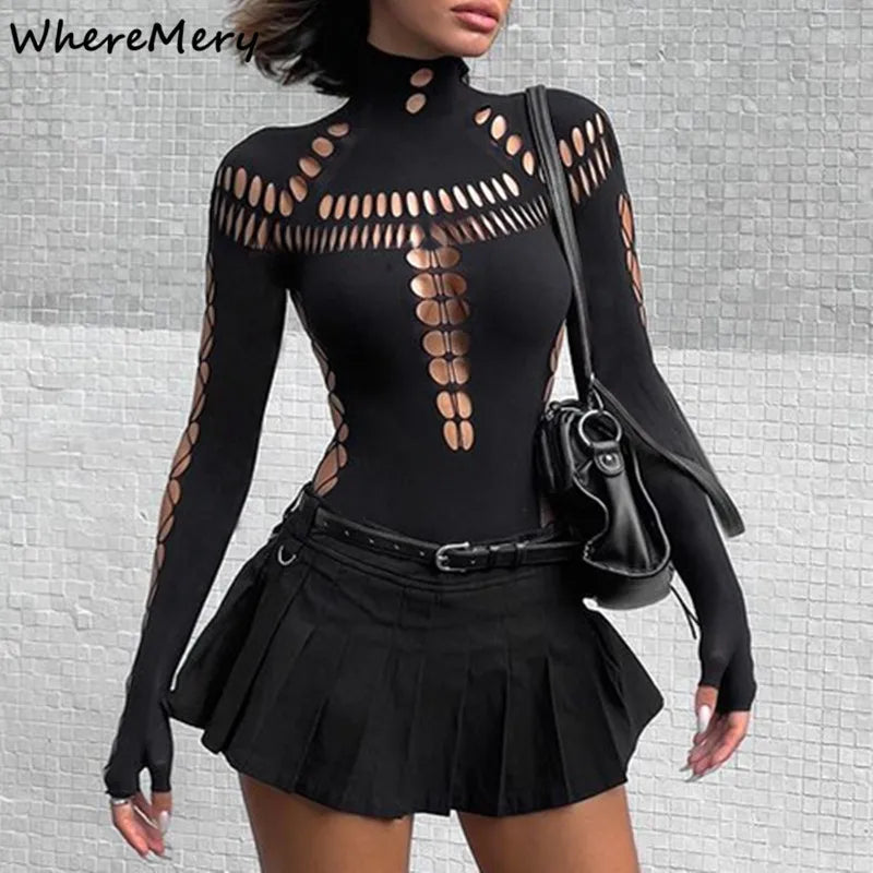 Body sexy com mangas compridas e gola alta estilo gótico