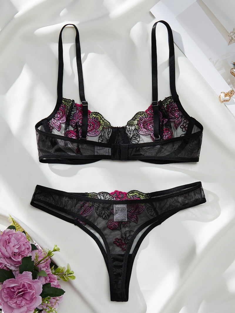 Conjunto de calcinha e sutiã sexy transparente e bordado