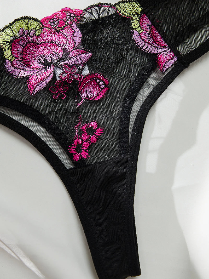 Conjunto de calcinha e sutiã sexy transparente e bordado