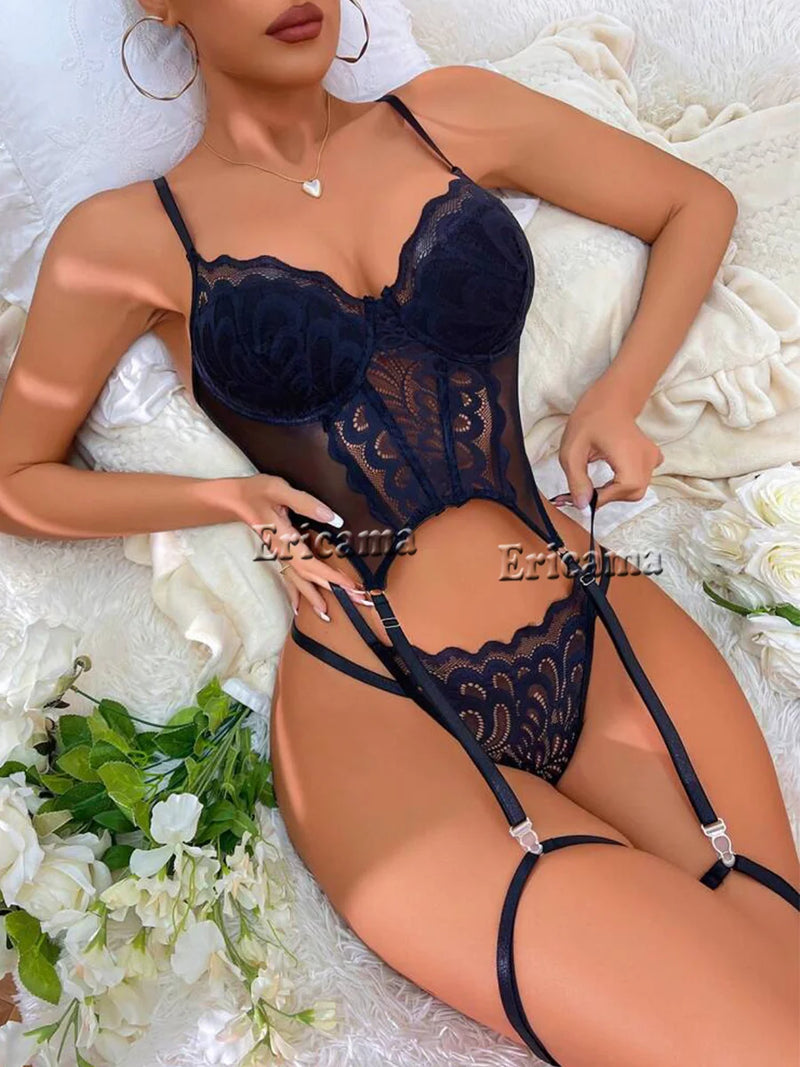 Conjunto de renda sexy de corselet, com sutiã, calcinha e ligas