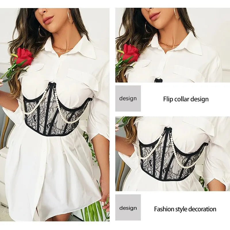 Corselet modelador de renda sensual para mulheres com corrente de pérolas