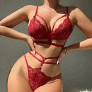 Conjunto de lingerie de arnês de bondage feminino, sutiã com renda e elástico vazado