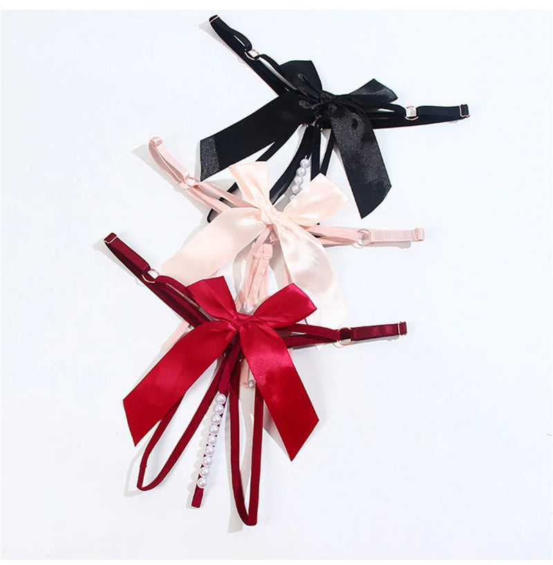 Fio Dental Preto com Laço e Detalhes em Perolas - Lingerie Feminina Sexy