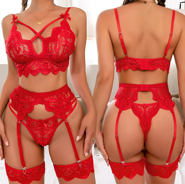 Conjunto de calcinha sutiã e liga em rendas
