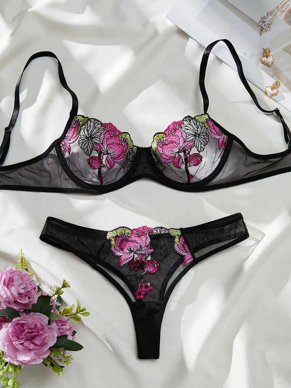 Conjunto de calcinha e sutiã sexy transparente e bordado