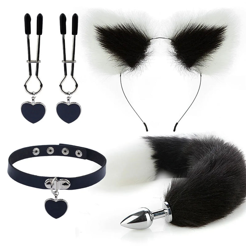 Conjunto de Brinquedos Eróticos com Plug Anal e Acessórios de Fantasia de Raposa