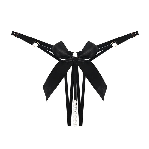 Fio Dental Preto com Laço e Detalhes em Perolas - Lingerie Feminina Sexy