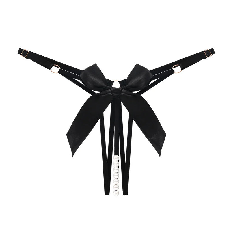 Fio Dental Preto com Laço e Detalhes em Perolas - Lingerie Feminina Sexy