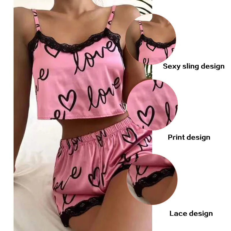 Short doll - Conjunto de 2 peças de pijama feminino, shorts, roupa íntima estampada, pijama, lingerie sexy, camisolas, regatas, camisola, roupa de dormir feminina