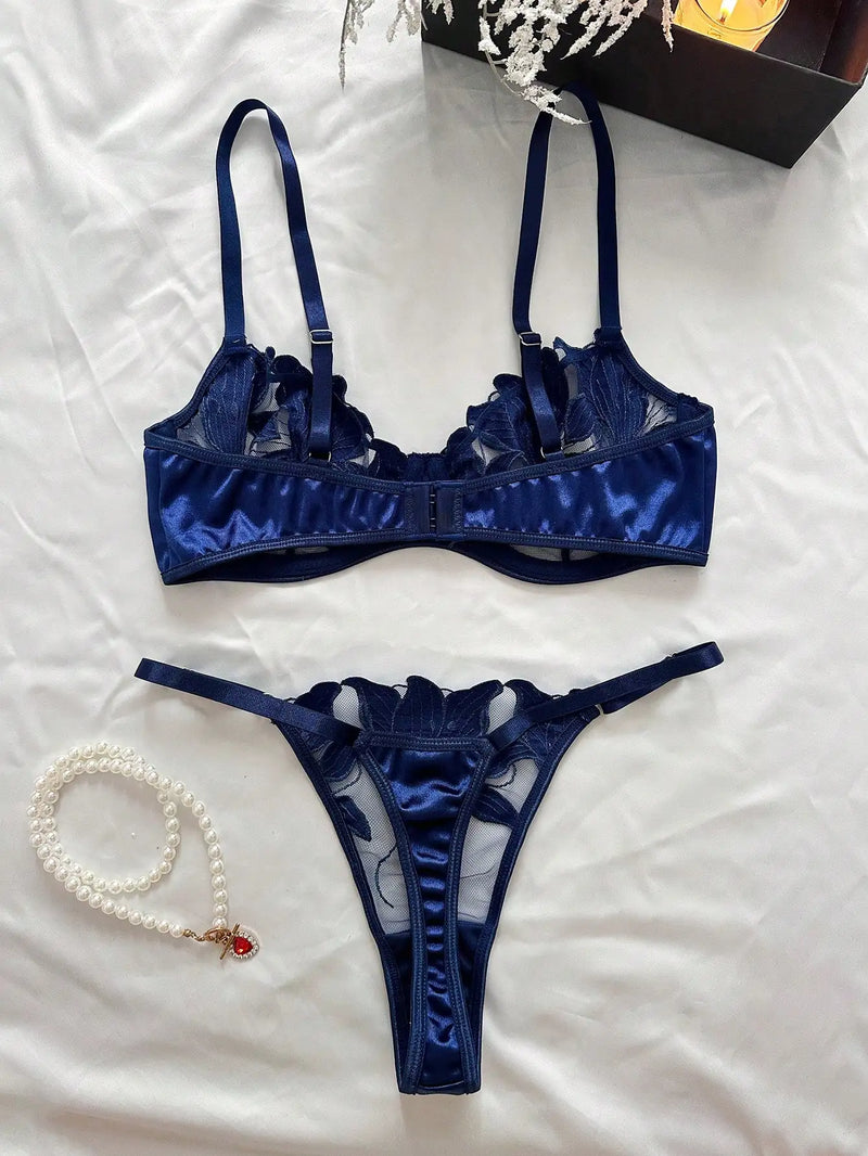 Conjunto de calcinha e sutiã sexy transparente e bordado
