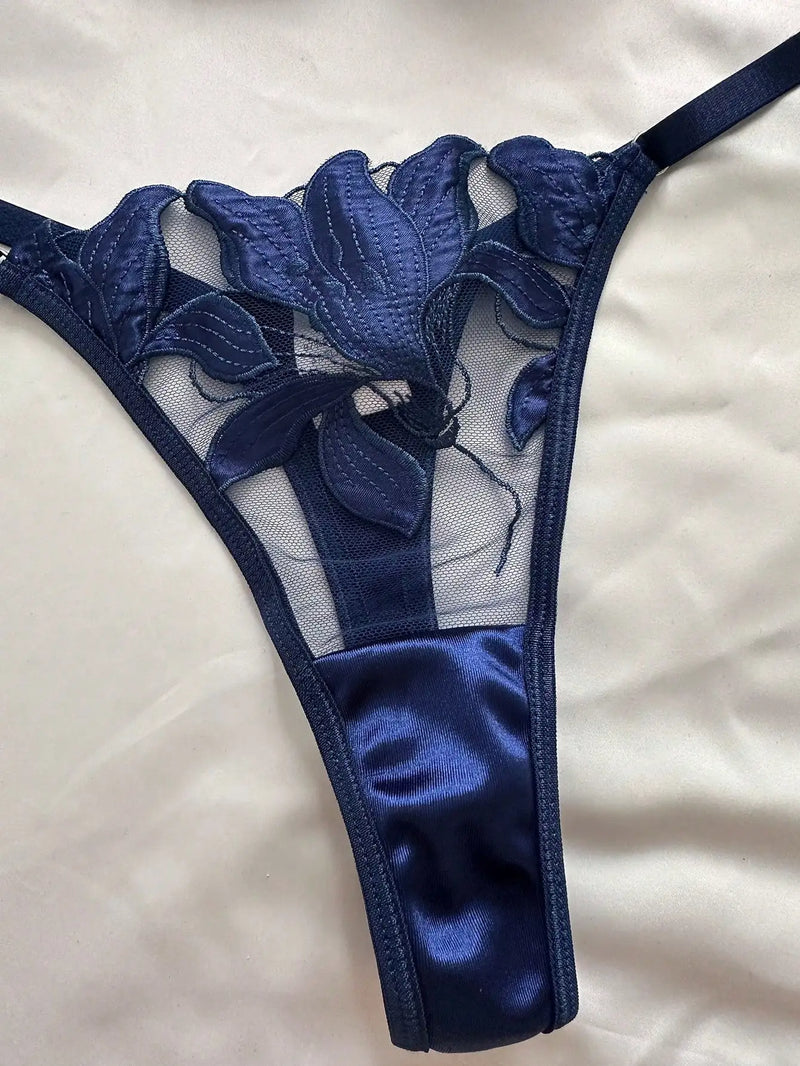 Conjunto de calcinha e sutiã sexy transparente e bordado