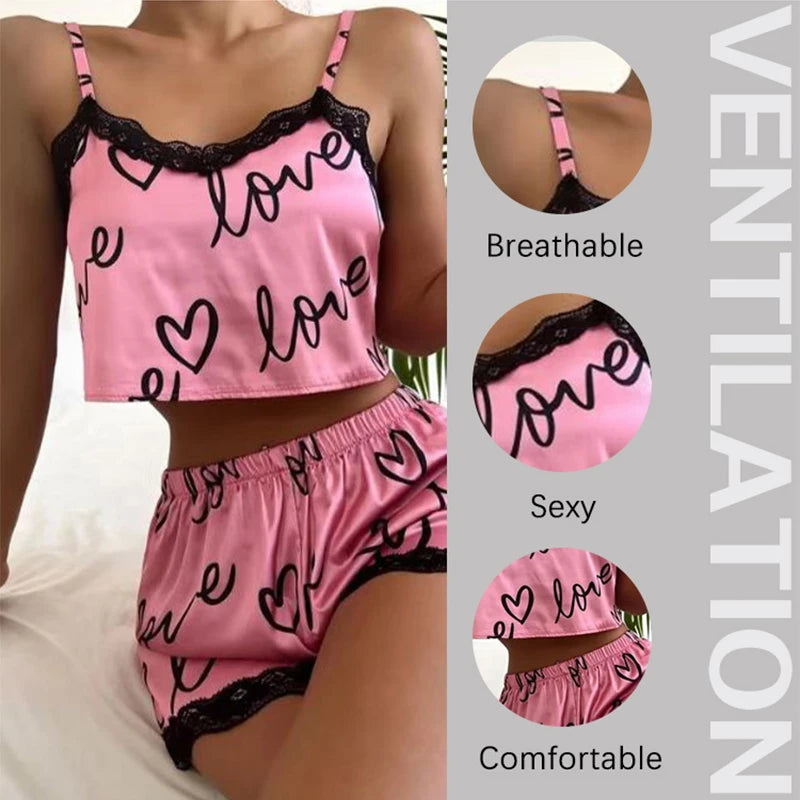 Short doll - Conjunto de 2 peças de pijama feminino, shorts, roupa íntima estampada, pijama, lingerie sexy, camisolas, regatas, camisola, roupa de dormir feminina