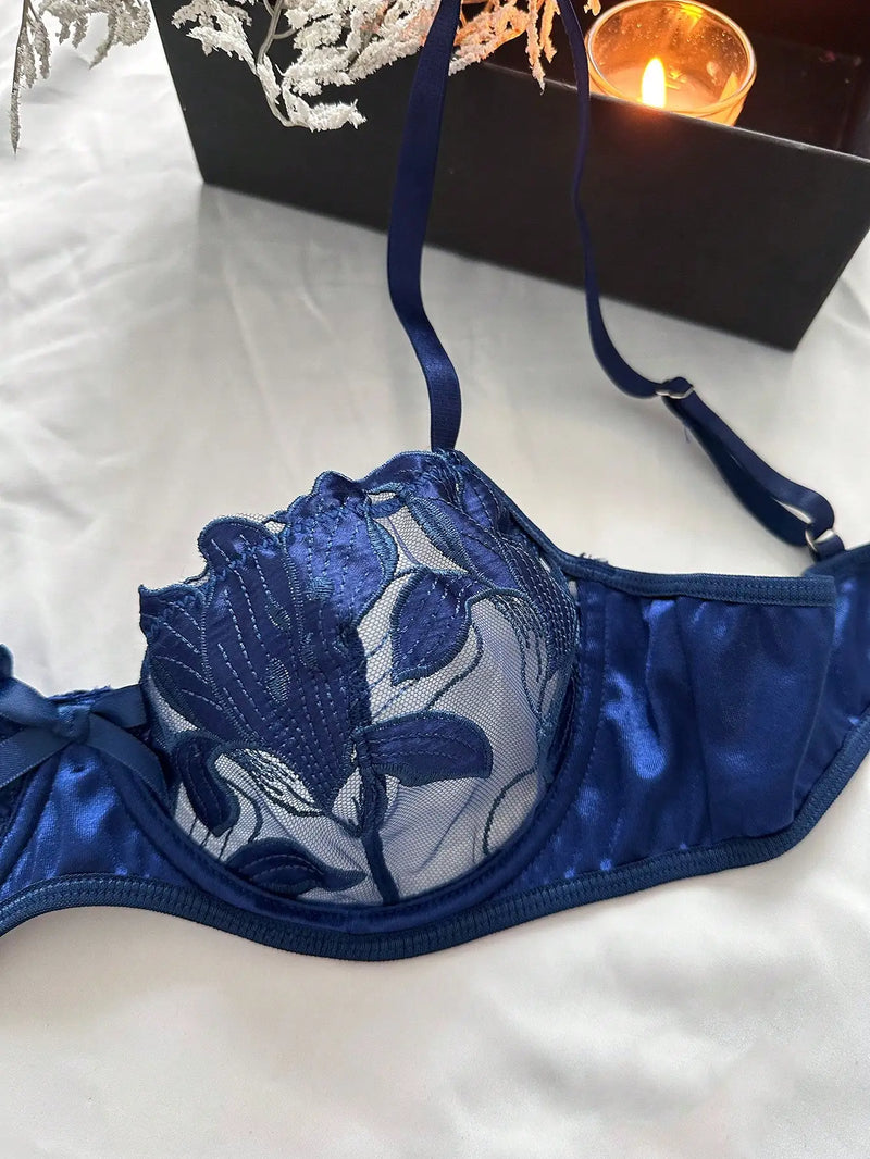 Conjunto de calcinha e sutiã sexy transparente e bordado