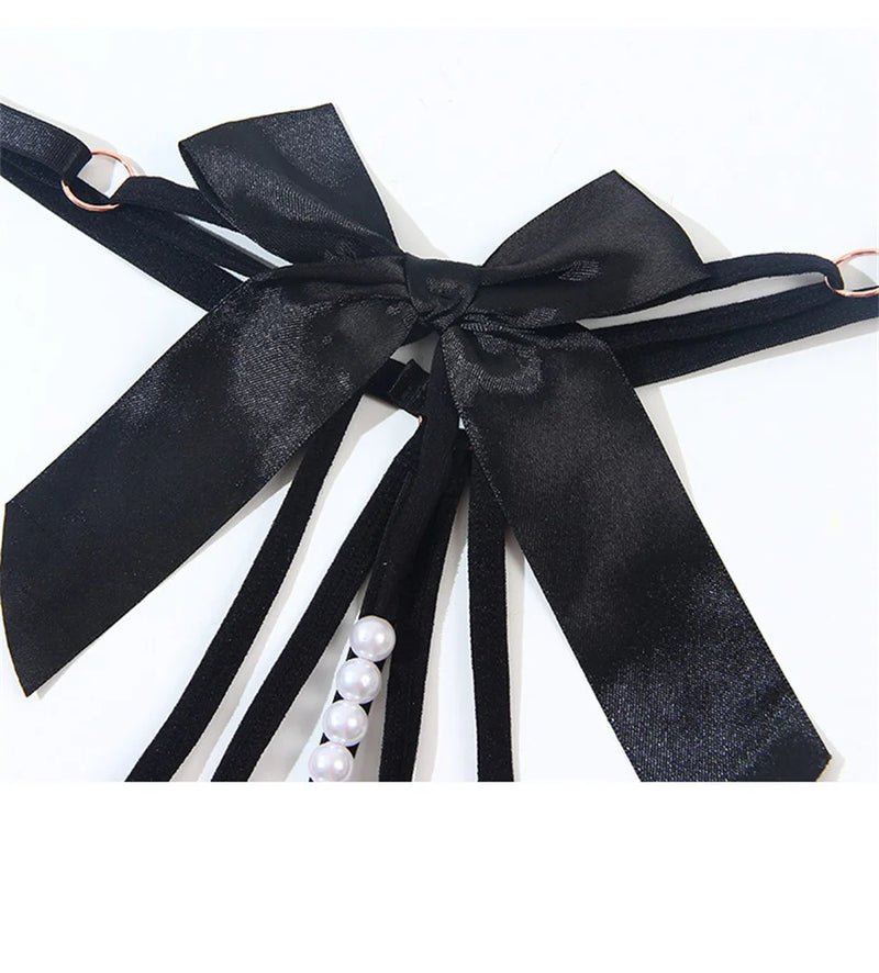 Fio Dental Preto com Laço e Detalhes em Perolas - Lingerie Feminina Sexy