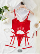 Conjunto de renda sexy de corselet, com sutiã, calcinha e ligas