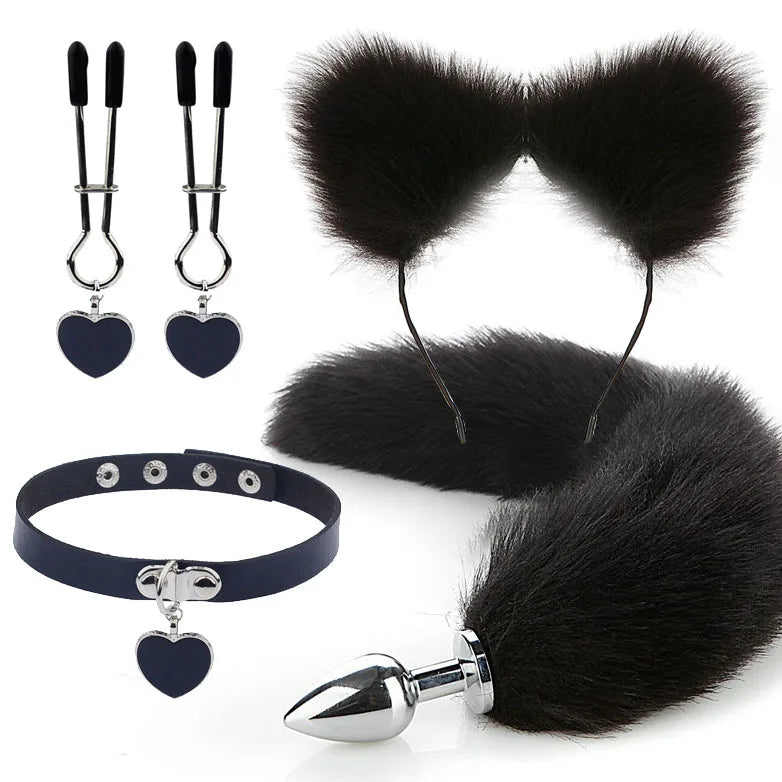 Conjunto de Brinquedos Eróticos com Plug Anal e Acessórios de Fantasia de Raposa