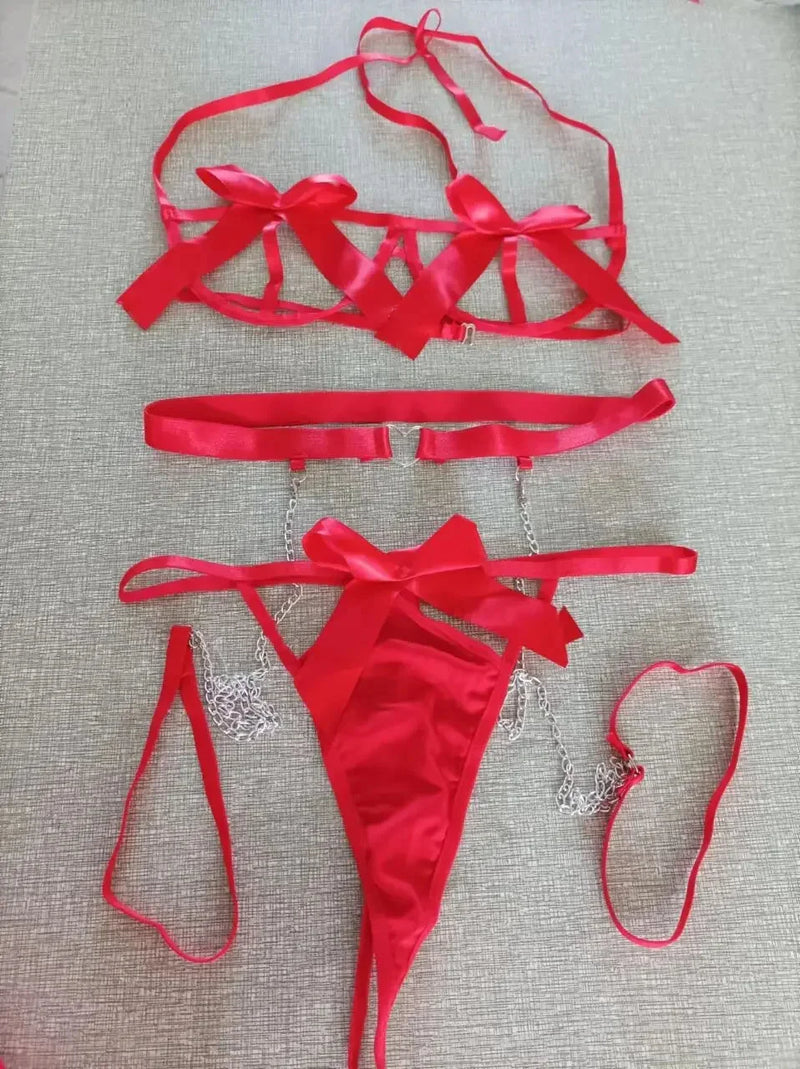 Conjunto de sutiã e calcinha transparentes femininos com liga