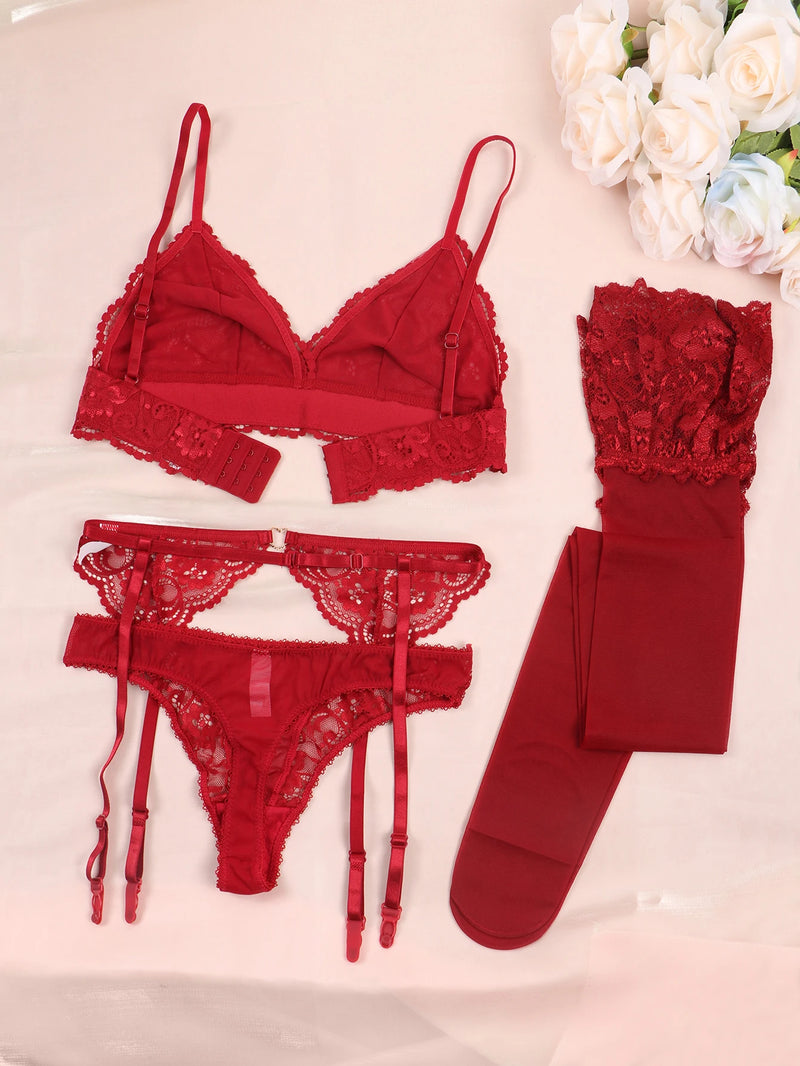 Conjuntos de Sutiã de Renda para Mulheres Sutiã Sem Bojo Calcinha Meias-liga Roupa Interior de Verão Lingerie Sexy