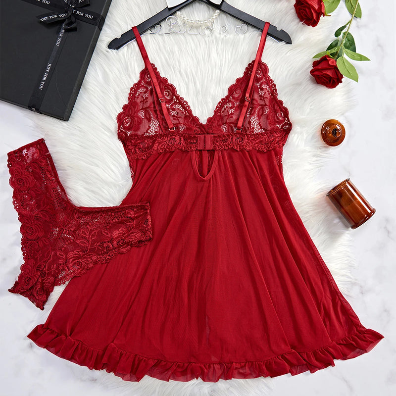 Conjunto de Camisola Sexy e Transparente com Calcinha em Renda
